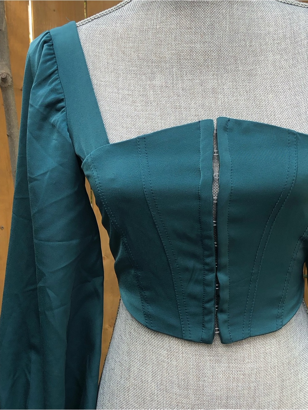 Urban Outfitters Maddie Cropped Bustier Teal Satin Pirate Balloon Long-Sleeve